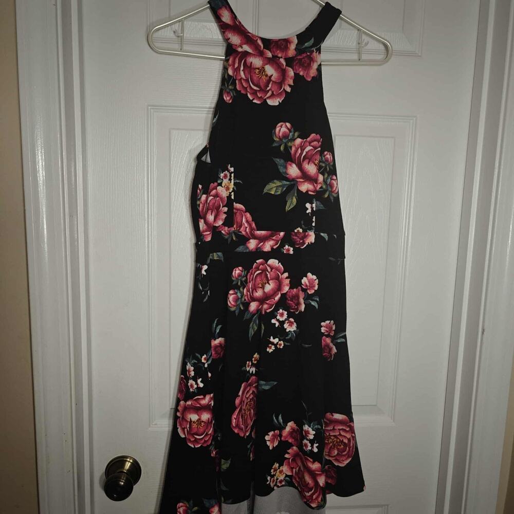 Crave Fame Junior Womens XL Black Pink Floral Print Halter High Low Dress